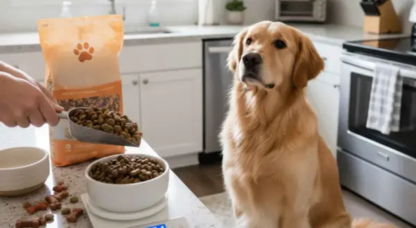 Golden retriever espera pacientemente mientras se mide la cantidad de comida para cachorro.