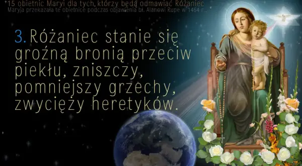 Obraz Matki Bożej z Dzieciątkiem, z różańcem, kwiatami i Ziemią.