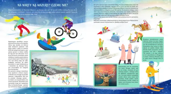 Ilustracja przedstawia zimowe aktywności na Mazurach: snowboardzistę, rowerzystę górskiego, saneczkarzy i narciarzy.