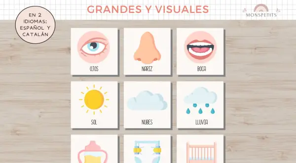 Tarjetas vocabulario infantil para imprimir: ojos, nariz, boca, sol, nubes, lluvia, agua, pañal, cuna.