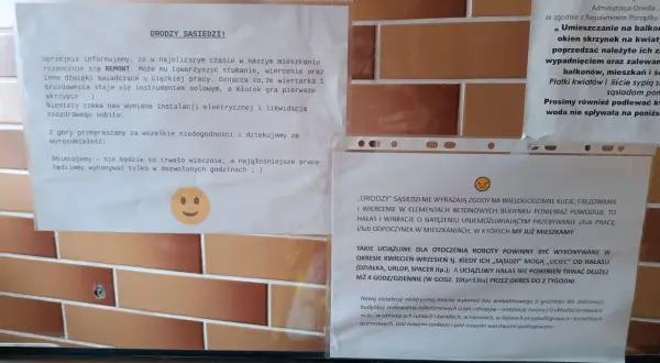 Sąsiad informuje o remoncie i hałasie. Prosi o wyrozumiałość i przeprasza za niedogodności.
