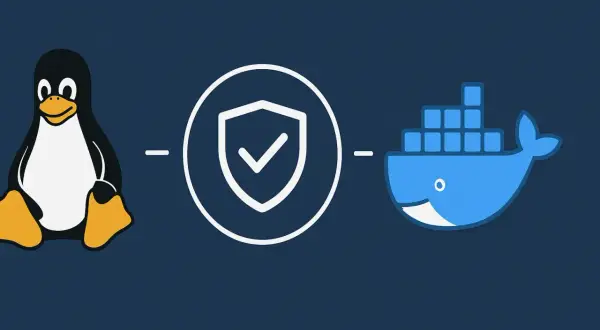Tux le pingouin Linux, un bouclier de sécurité et le logo Docker. Guide pour installer Docker sur Linux.