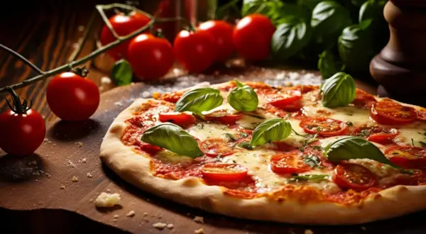 Pyszna pizza z pomidorami i bazylią, klasyka włoskich dań, na drewnianej desce.