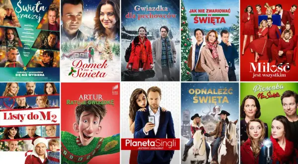 Kolaż plakatów filmów świątecznych: "Święta inaczej", "Domek na Święta", "Gwiazdka dla pechowców", "Jak nie zwariować w Święta", "Miłość jest wszystkim", "Listy do M2", "Artur ratuje gwiazdkę", "Planeta Singli", "Odnaléźć Święta", "Piosenka na Święta".