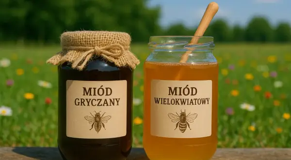 Dwa słoiki miodu na tle łąki. Czy miód wielokwiatowy jest dobry? Tak, jest pyszny i naturalny!