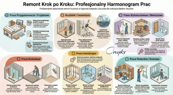 Harmonogram remontu domu: od projektu, przez rozbiórki, budowę, instalacje, po wykończenia i sprzątanie.