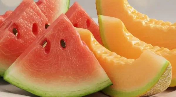 Kawałki soczystego arbuza i pomarańczowego melona, pełne witamin, kuszą świeżością.