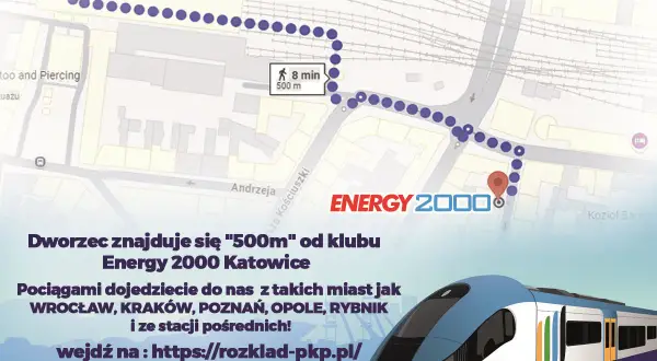Mapa z trasą pieszą z dworca PKP Katowice do klubu Energy 2000. Dojazd pociągiem z wielu miast.