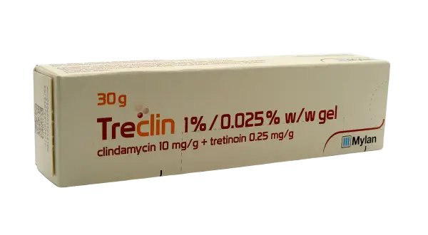 Opakowanie żelu Treclin z klindamycyną i tretinoiną, 30g. Pomaga w walce z trądzikiem.