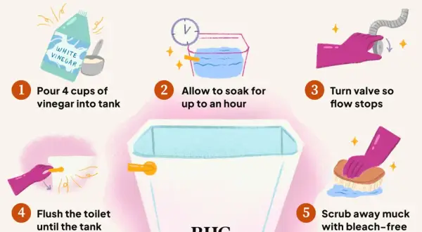 Learn how to clean toilet tank with vinegar, soaking, and scrubbing. Steps include pouring vinegar, letting it soak, turning off the valve, flushing, and disinfecting.