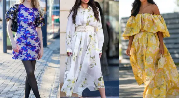 Trzy kobiety w kwiecistych sukienkach. Pierwsza w mini, druga w midi, trzecia w maxi. Jakie buty do sukienki w kwiaty? Zobacz inspiracje!