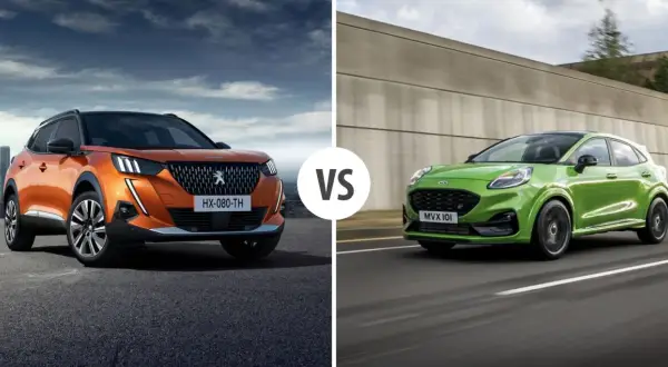 Pomarańczowy SUV Peugeot 2008 kontra zielony Ford Puma. Porównanie wymiarów i osiągów.