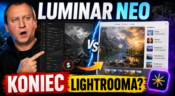 Mężczyzna z zaskoczoną miną porównuje edycję zdjęć w programie **Luminar** Neo z innym narzędziem, sugerując koniec Lightrooma.