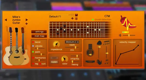 Mike's Jumbo Guitar: ein free guitar vst mit vielen Einstellungsmöglichkeiten für Gitarrenklänge, wie Bend, Vibrato und Palm Mute.