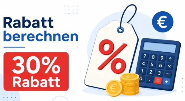 Rabatt berechnen: 30% Rabatt mit Taschenrechner und Münzen.