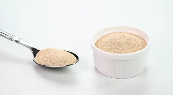 Levure sèche dans une cuillère et un ramequin blanc. Comprendre la différence entre levure chimique et bicarbonate de soude est essentiel pour la pâtisserie.