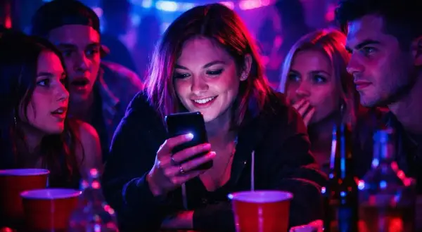 Grupa przyjaciół w klubie, rozświetlona neonami, śmieje się, przeglądając telefon. Może szukają pytań do gry prawda czy wyzwanie?