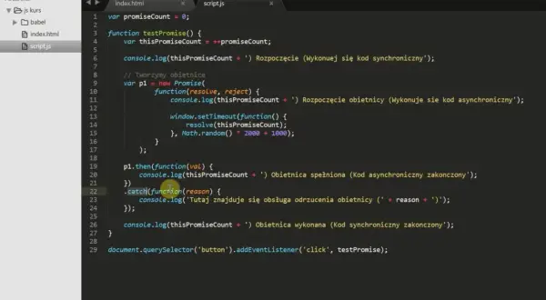 Kod JavaScript z wykorzystaniem ecmascript 6, pokazujący tworzenie i obsługę obietnic (Promises) w celu zarządzania operacjami asynchronicznymi.