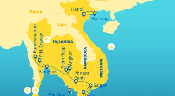 Mapa pokazuje trasę podróży przez Tajlandię, Kambodżę i Wietnam, z zaznaczonymi miastami jak Bangkok, Angkor, Hanoi i Sajgon.