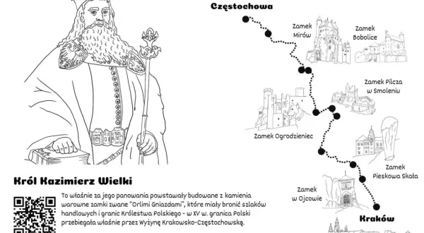 Król Kazimierz Wielki zaprasza na trasę Szlaku Orlich Gniazd. Mapa pokazuje drogę przez zamki: Mirów, Bobolice, Ogrodzieniec, Pilcza, Pieskowa Skała, Ojcowski i Wawel.