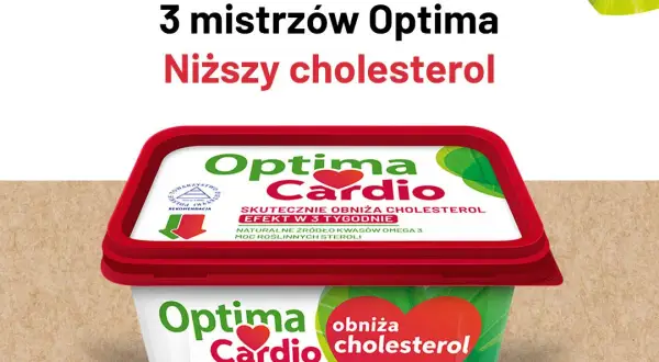 Pudełko margaryny Optima Cardio z napisem "Obniża cholesterol".