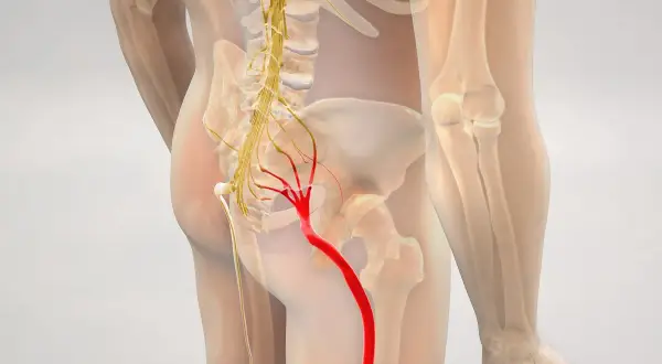 Widok anatomiczny ukazujący nerw kulszowy w czerwonym kolorze, biegnący od miednicy w dół nogi, aż do stopy.