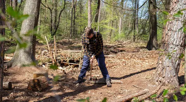 Un homme en chemise à carreaux est en pleine forêt, occupé à faire du petit bois avec une hache. Le sol est couvert de feuilles mortes et de branches.