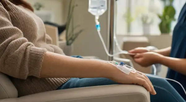 Patiënt krijgt infuus, omdat ijzertabletten niet werken. Een verpleegkundige controleert de toediening.