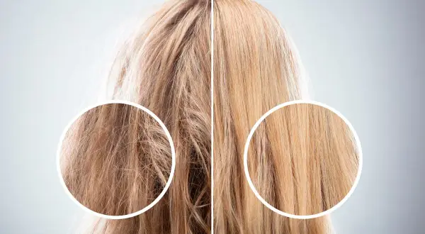Cabello dañado y seco vs. cabello suave y brillante. El aceite de coco para el pelo transforma el aspecto, dejando las hebras sedosas.