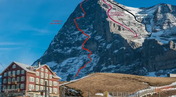 Eiger Nordwand Besteigung: Routen sind markiert. Links das Hotel Eiger.