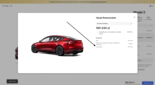 Czerwony Tesla Model 3, cena 195 240 zł. Opcje finansowania obejmują VAT, transport i Tesla Bonus.