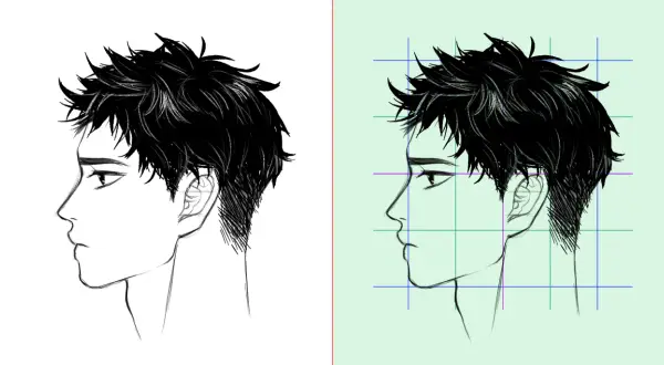 Dos dibujos de perfil de un chico con pelo negro despeinado. Uno sobre fondo blanco, el otro con dibujos en cuadricula de guía.