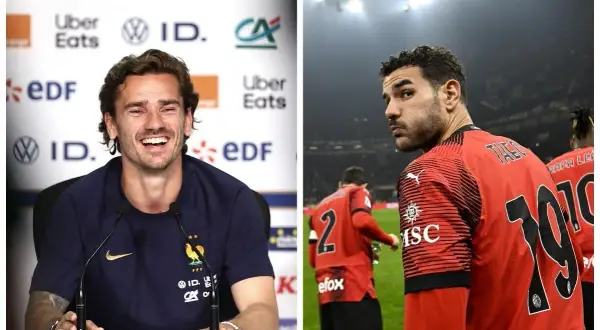 Uśmiechnięty Griezmann i Theo Hernández, być może najładniejszy piłkarz na świecie, w czerwonej koszulce.