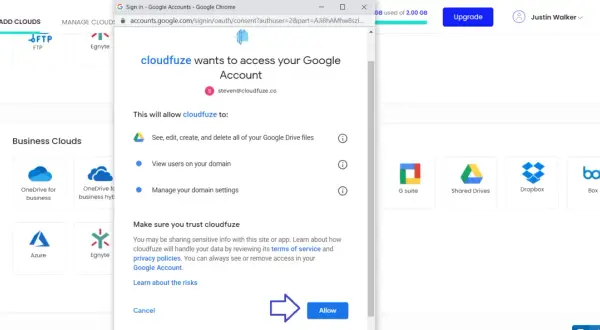 CloudFuze requests access to your Google Account to transfer OneDrive to Google Drive. Click "Allow" to grant permissions.