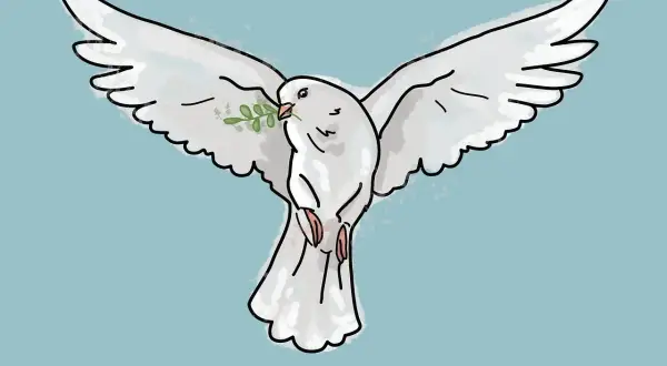 Biały gołąb z gałązką oliwną w dziobie symbolizuje pokój. Jego skrzydła są szeroko rozłożone, a tło jest jasnoniebieskie.