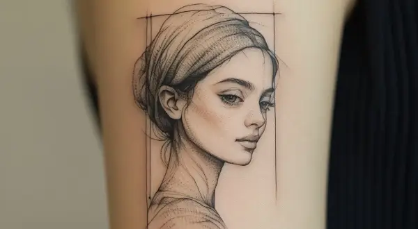Feine Linienkunst: Ein Porträt einer Frau mit Kopftuch, ein Beispiel für ein stilvolles Tattoo.