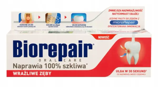 Pasta Biorepair z microRepair dla wrażliwych zębów. Naprawia szkliwo, redukując nadwrażliwość już po 30 sekundach. Ulga natychmiast i na dłużej.