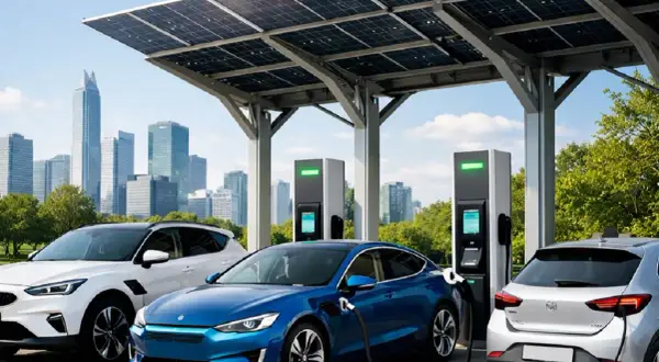 Auto elettriche in carica sotto pannelli solari, un'immagine del futuro dell'energia pulita.