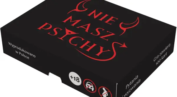 Czarna gra "Nie masz psychy" z czerwonymi rogami diabła i napisem. To zabawa w pytania i wyzwania, zawiera 100 kart, od lat 18.