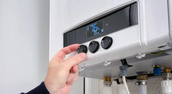 Hand dreht Regler an Heizung. 76°C. Was bedeutet 65 Prozent erneuerbare Energien? Effizienz ist wichtig.