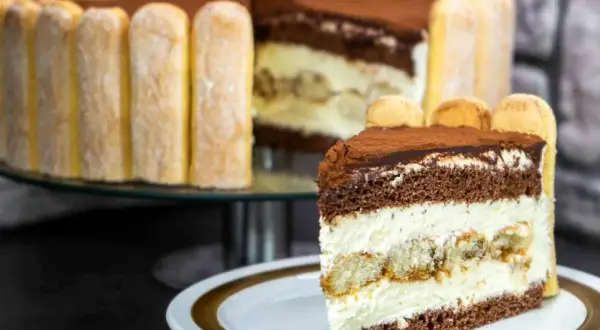 Ein köstliches Stück Tiramisu Torte mit Löffelbiskuits und Kakao bestäubt.