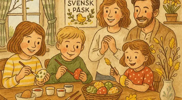 Familj målar påskägg, en tradition som påminner om påskharens historia. En skylt med "Svensk Påsk" hänger på väggen.
