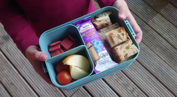 Proviant für die Wanderung: Brotscheiben mit Käse, rote Kekse, Apfelspalten und Tomaten in einer Brotdose. Ein Fruchtriegel liegt daneben.
