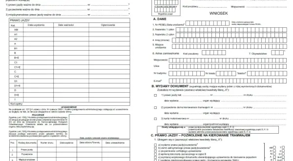 Wniosek o wydanie prawa jazdy, zawiera pola do wpisania numeru blankietu prawa jazdy, danych osobowych i kategorii pojazdów.