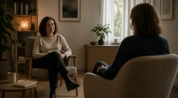 Due donne in poltrone, in un ambiente accogliente, durante sedute di psicoterapia. Una ascolta attentamente, l'altra è di spalle.