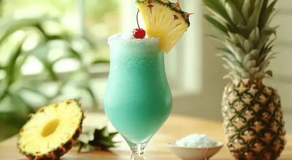 Niebieski, orzeźwiający malibu pina colada z ananasem i wiśnią, otoczony owocami i kokosową posypką. Idealny na wakacje!
