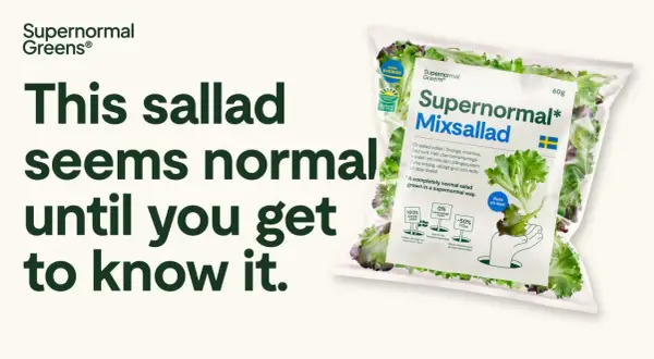En påse Supernormal Mixsallad, en ljusgårda sallad odlad i Sverige. Krispig, god och redo att ätas.