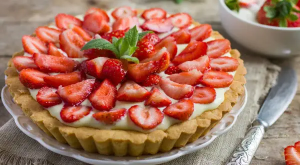Pyszna tarta z truskawkami, udekorowana listkami mięty, na drewnianym blacie. Obok miseczka z deserem i nóż.