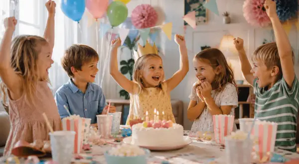 Glada barn med ballonger och tårta. Perfekt barnkalas inspo för en lyckad fest!