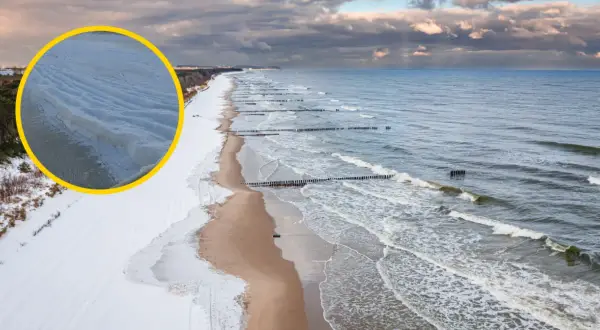 Zimowy Bałtyk z lodowymi falami przy brzegu. Czy bałtyk zamarzał? Widać zamarznięte przybrzeżne warstwy wody i śnieg na plaży.